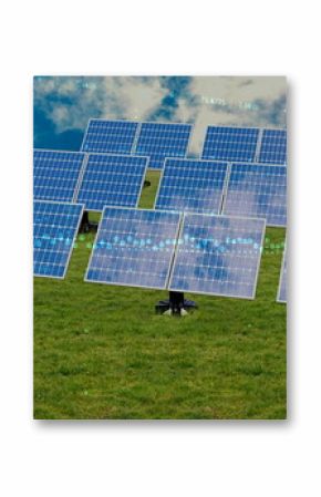 Image of financial data processing over solar panels and landscape