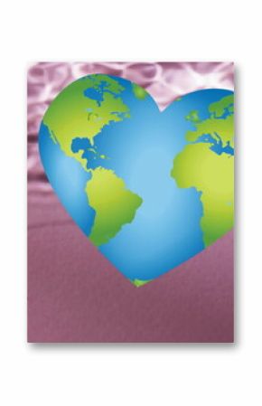 Image of globe on heart shape over pink water background