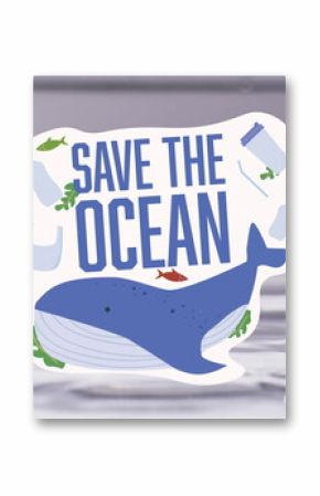 Image of save water text on sign with whale and plastic waste on water background