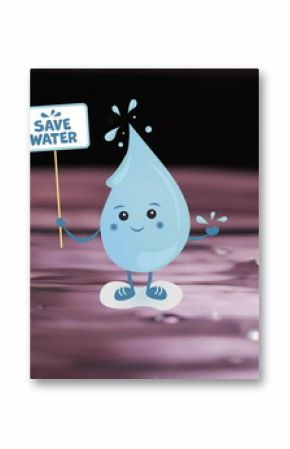 Image of save water text on sign held by water droplet on water background