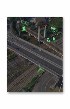 Image of eco icons and data processing over roads