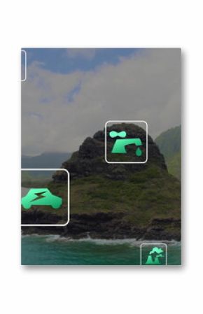 Image of ecology icons over lake landscape