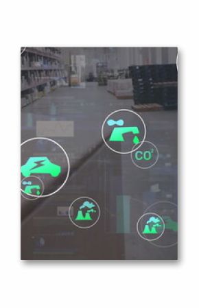 Image of ecology icons and data processing over warehouse