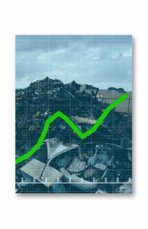 Green line graph image over large pile of electronic waste in recycling yard