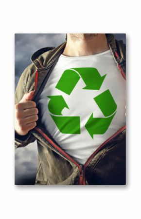 Man stretching jacket to reveal shirt with recycle symbol printe