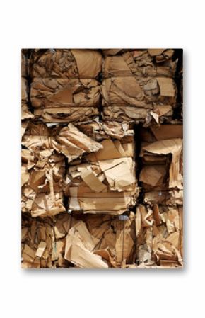 Bundles of cardboard of the same colour ready for transport to recycling center