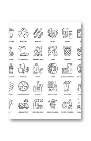 Modern vector line icon of waste sorting, recycling. Garbage collection. Recyclable waste - paper, glass, plastic, metal. Linear pictogram with editable stroke for poster, brochure of waste management