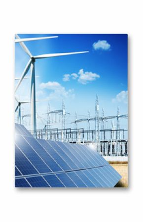 Modern electric grid lines and renewable energy concept with photovoltaic panels and wind turbines