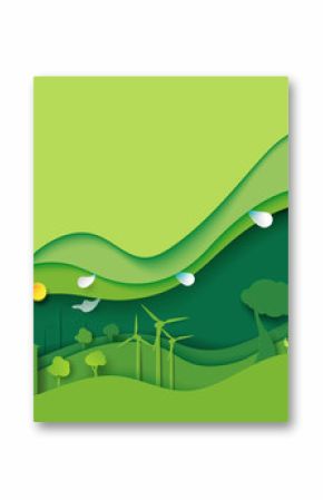 Ecology and environment conservation creative idea concept design.Green eco urban city and nature landscape background paper art style.Vector illustration.