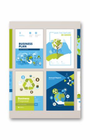 Set of brochure and annual report cover design templates of nature, green technology, renewable energy, sustainable development, environment. Vector illustrations for flyer layout, marketing material.