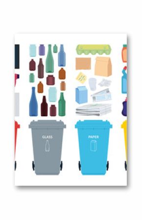 Rubbish bins for recycling different types of waste. Sort plastic, organic, e-waste, metal, glass, paper. Vector illustration.