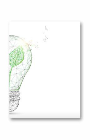 Light Bulb with green plant form lines, triangles and particle style design. Illustration vector