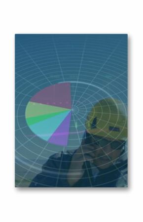 Image of statistics and data processing over wind turbine on blue background