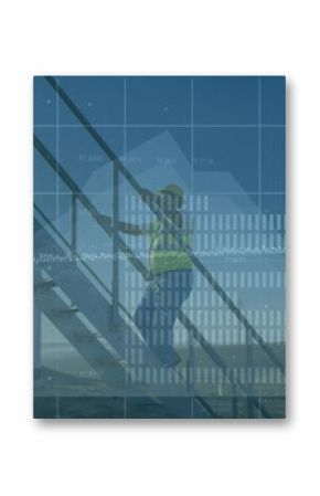 Image of statistics and data processing over wind turbine and engineer on blue background