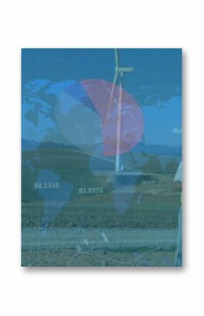 Image of statistics and data processing over wind turbines and engineer on blue background