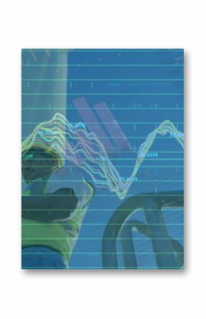 Image of statistics and data processing over wind turbine and engineer on blue background