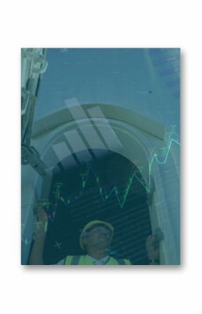 Image of statistics and data processing over wind turbine and engineer on blue background