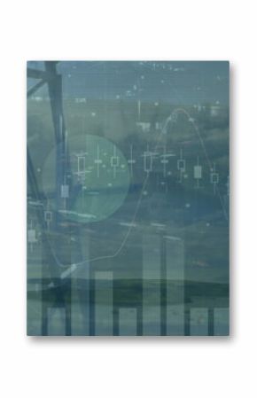 Image of graphs and financial data over electricity pole at sunset