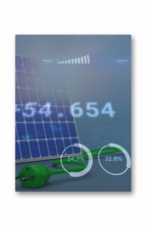 Image of financial data processing over solar panel