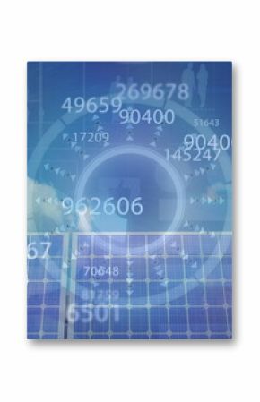 Image of financial data processing over solar panel