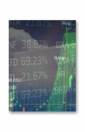 Image of financial data processing over solar panel
