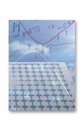 Image of financial data processing over solar panel
