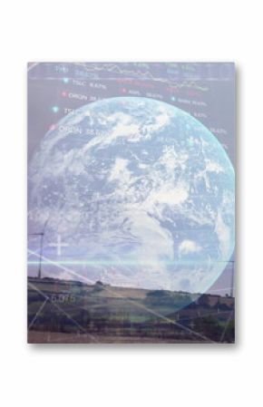 Image of financial data processing binary coding over earth and wind turbine