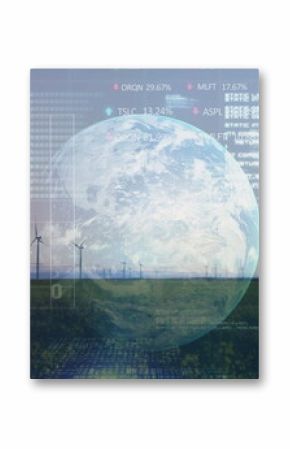 Image of financial data processing over earth and wind turbines