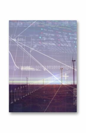 Image of financial data processing binary coding over wind turbines