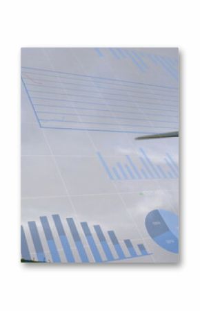 Image of financial data processing over wind turbine