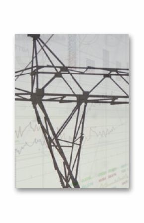 Image of statistics and data processing over electricity pylon and landscape