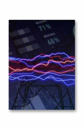 Image of statistics and data processing over electricity trails and pylon landscape