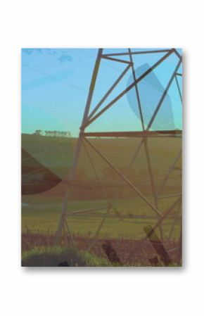Image of data processing over electricity pylon and landscape