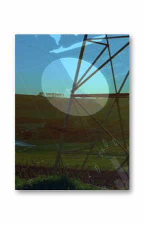 Image of data processing over electricity pylon and landscape
