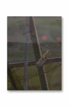 Image of data processing over electricity pylon and landscape