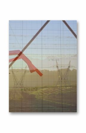 Image of statistics and data processing with red lines over electricity pylon and landscape