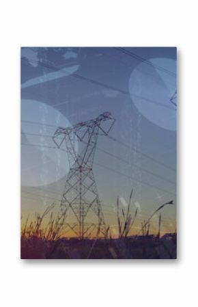 Image of statistics and data processing over electricity pylon and landscape