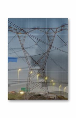 Image of statistics and data processing with blue lines over electricity pylon and landscape