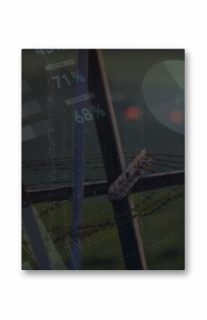 Image of statistics and data processing over electricity pylon and landscape