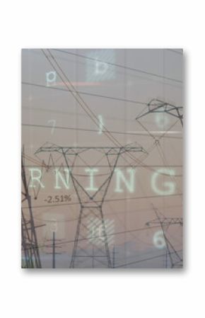 Image of cyber attack data processing over electricity pylon and landscape