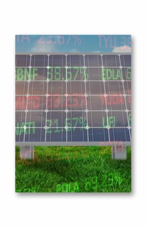 Image of financial data processing over solar panels and landscape