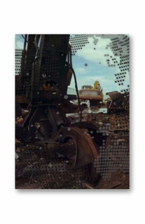 Image of globe rotating and data processing over car junkyard