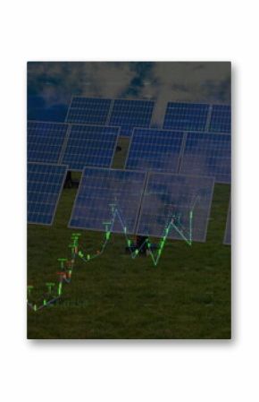 Image of network of connections with icons over solar panels and grid