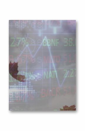 Image of financial data processing over electric cloudy sky