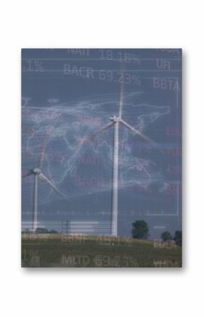 Image of financial data processing over electric windmill
