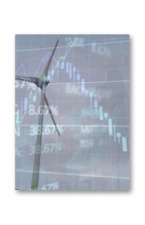Image of financial data processing over electric windmill