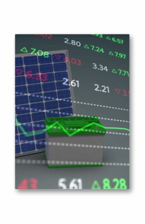 Image of financial data processing over solar panel