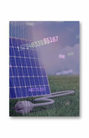 Image of financial data processing over solar panel
