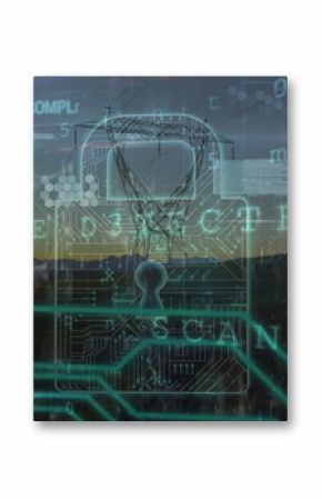 Image of scanning, virus warning and digital padlock over electricity poles