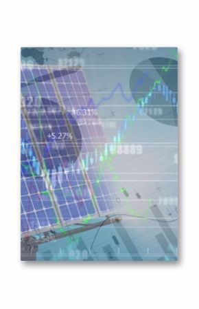 Image of financial data processing over solar panel